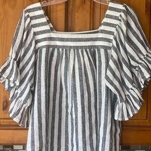 beach lunch lounge M Naomi boho peasant striped linen blend top shirt NWOT